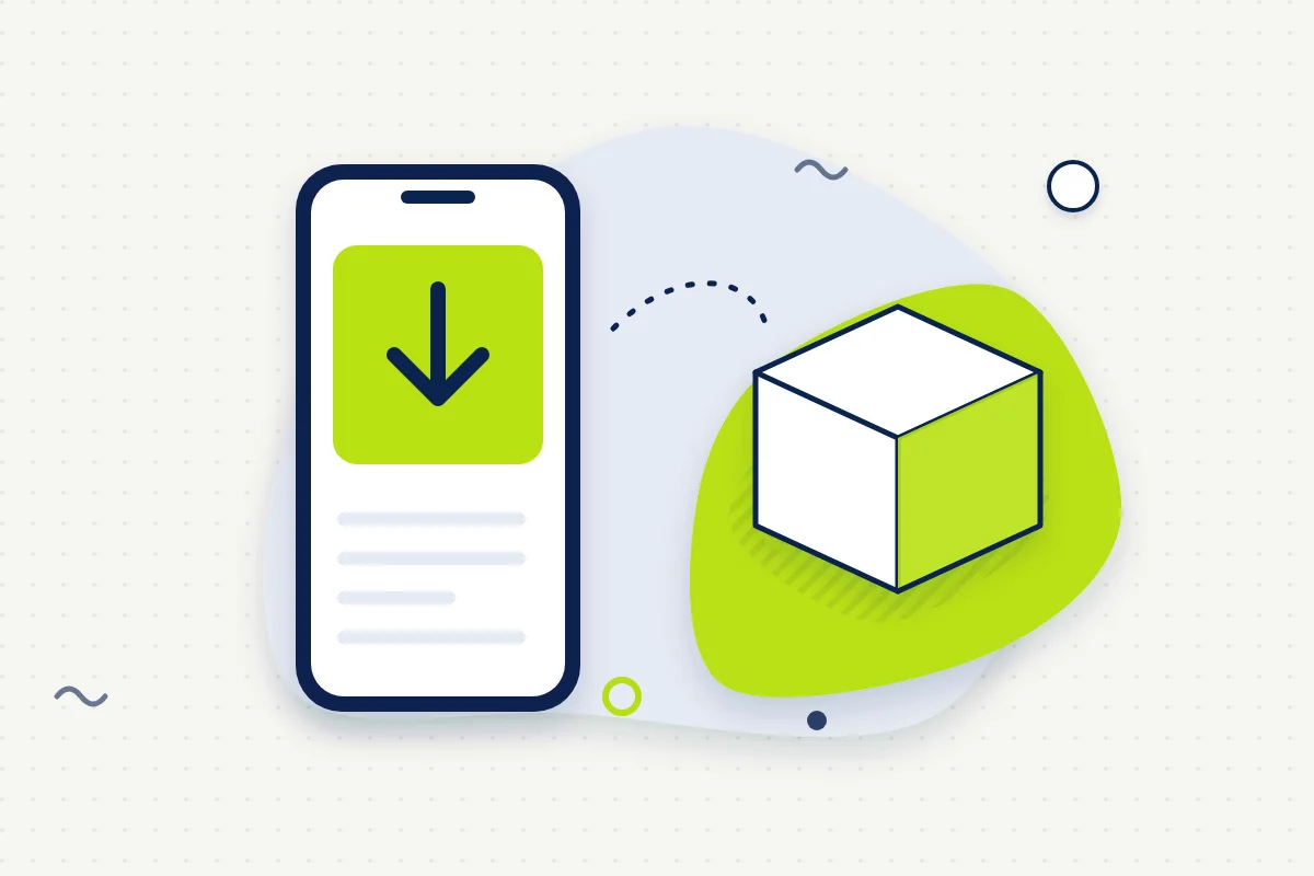 Ilustración de papel: un teléfono con una flecha de descarga y una caja de instalación