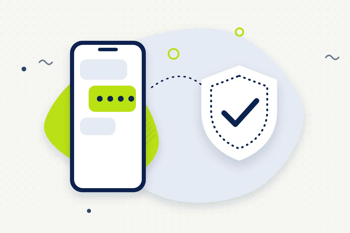 Ilustración de papel: un teléfono con un mensaje SMS y un escudo de verificación